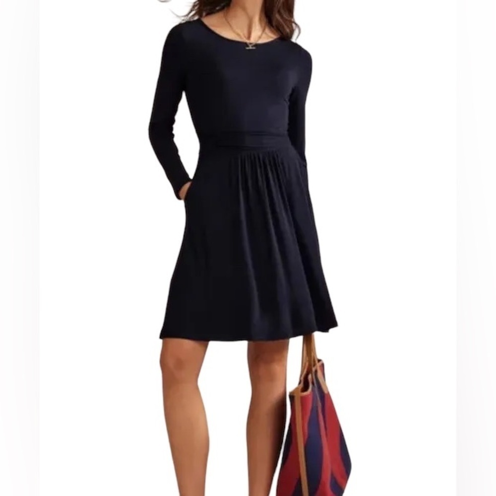 Boden Abigail Jersey Pullover Dress SZ 12R Navy Long Sl Ruched Waist Pockets